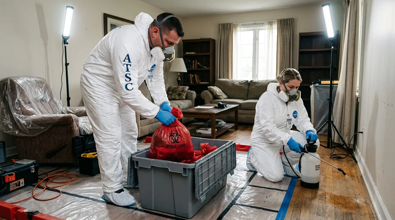 Professional Hazmat Cleanup technician in full PPE working in Ferguson